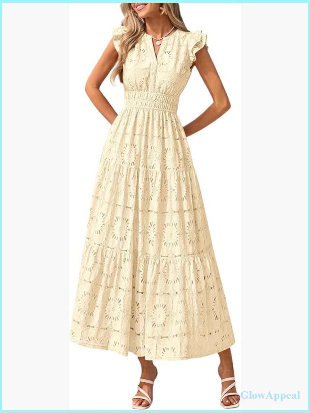 Boho Maxi Dress with Flutter Sleeves V-Neck Floral Lace Tiered Beach Guest